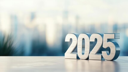 Modern 2025 sign in silver with a city skyline in the background, symbolizing new beginnings in urban growth and development