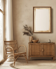 An empty mock-up poster frame in a bohemian style room