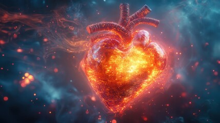 A futuristic illustration of a robotic heart, intricately detailed and glowing with internal circuitry, beating rhythmically amidst a swirling vortex of energy