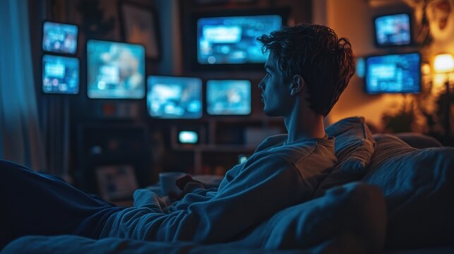 Digital Overload: Young Man Engrossed in Screens on Couch, Representing Modern Distraction in Daily Life