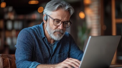 Fototapeta premium Overwhelmed Middle-aged Man Engaged in Virtual Meeting on Laptop, Representing Digital Overload at Work