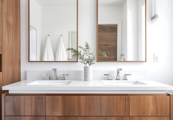 Fototapeta premium Modern bathroom with a dual vanity, wooden cabinets, and minimalist decor, featuring clean lines and bright natural light for a fresh, elegant space