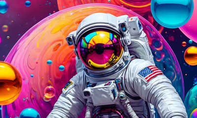 Astronaut in Colorful Bubbles in Space Art, Generative Ai