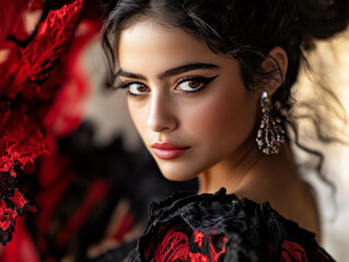 Atractiva bailarina de flamenco española con un vestido tradicional de colores negro y rojo.