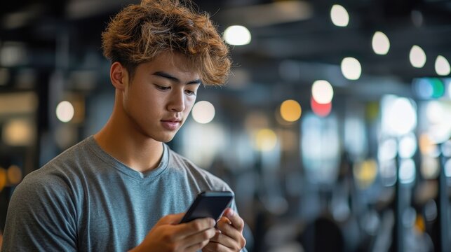 Digital Distraction at the Gym: Young Man Glued to Phone Between Sets