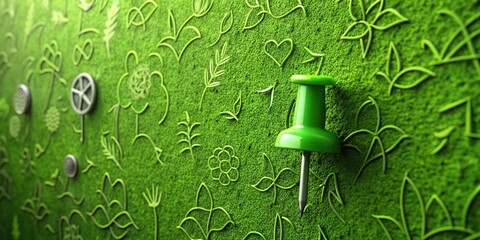 Optimistic Bright Green Push Pin Concept With Grassy Wall Texture Secondary Details Of Notes And Sketches