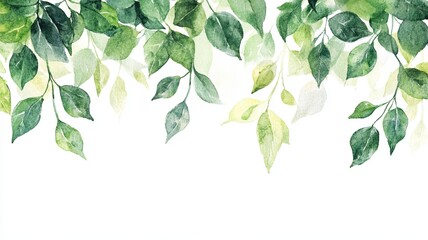 Botanical green leaf watercolor painting border design on white paper texture banner background for wedding, invitiaion and greeting card decorations