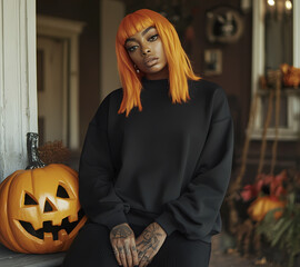 Sweatshirt mockup, oversized black sweatshirt, orange hair african american woman wearing the shirt sitting on a Halloween decoration,
