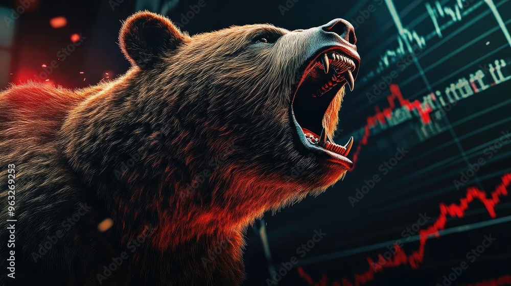 Wall mural a roaring bear symbolizes financial market volatility against a backdrop of market graphs and data a