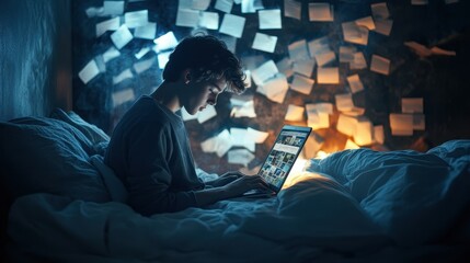 Teenage Boy Drowning in Digital Overload: Profile View of Overwhelmed Adolescent Surrounded by Open Tabs on Laptop in Bed