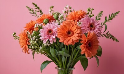 Vibrant Floral Arrangement on Gentle Pink Backdrop, Generative Ai