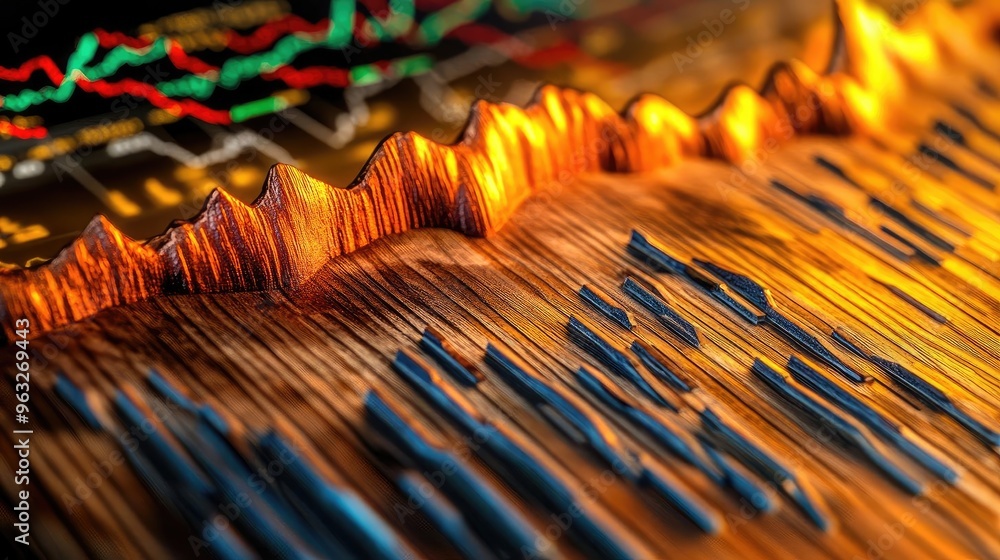 Poster a close-up view of a dynamic financial graph showcasing vivid trends and patterns in market performa