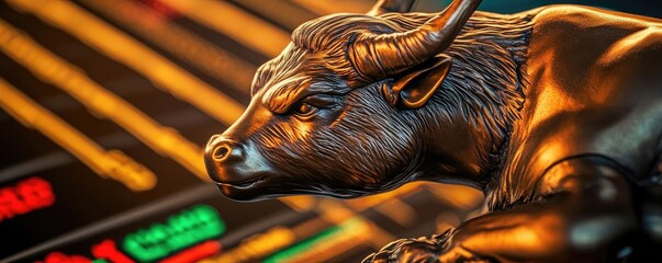 A close-up of a bull statue symbolizing strength and market growth against a backdrop of stock market data.