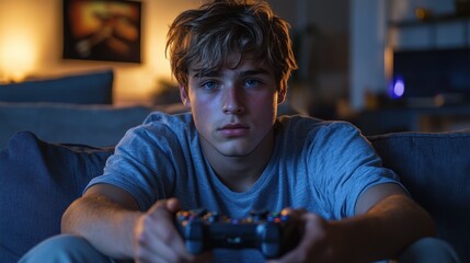 Digital Addiction Alert - Young Man Overwhelmed by Gaming Console on Couch