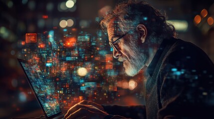 Intense Digital Workload: Middle-Aged Man Managing Multitasking on Laptop with Open Browser Tabs, Concept of Pressure and Busyness