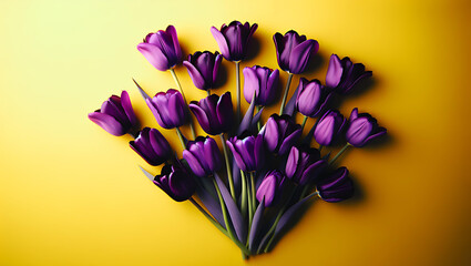 purple tulips flowers on yellow background