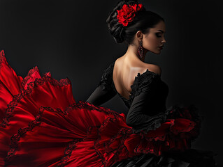 Atractiva bailarina de flamenco española con un vestido tradicional de colores negro y rojo.