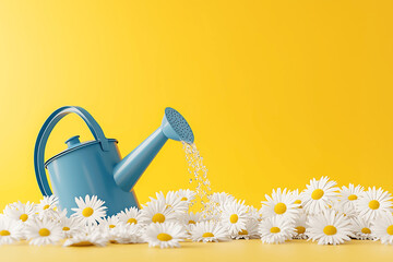Obraz premium Bright and cheerful composition of a blue watering can pouring water over daisies against a vibrant yellow background, symbolizing growth and nurturing