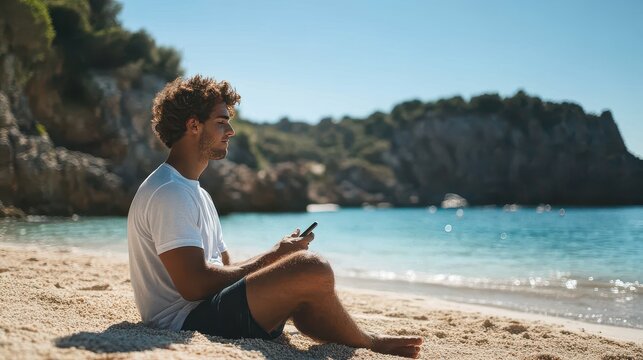 Disconnecting in a Connected World: Young Man Absorbed by Technology on Beach