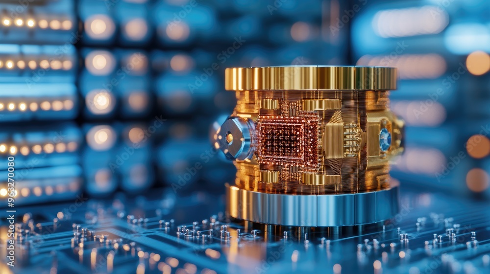 Poster a futuristic quantum computer component, showcasing intricate design and vibrant colors against a te