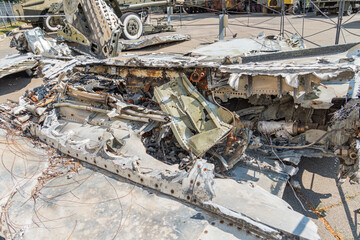 Crashed warplane, Ukrainian fighter jet remains. Texture of the remains of a crashed fighter plane Russian-Ukrainian war. Details of the plane crash