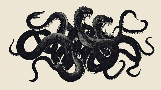 Hydra with multiple heads suggested by overlapping curved lines. minimalist fantasy,. Hydra. Illustration