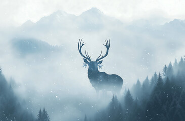 Mystical silhouette of a stag standing amidst a misty forest with distant mountains, creating a serene and ethereal landscape