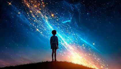 Fototapeta premium A little cute boy looks hopefully into the starry night sky, a little dreamer and inventor.