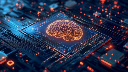 Electronic chip in form of human brain in electronic cyberspace with futuristic background,concept of artificial intelligence technology advancement