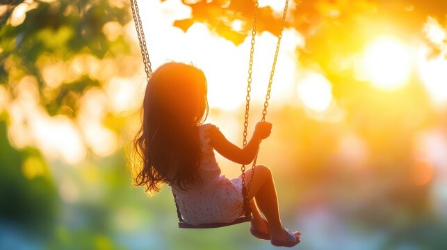 Serene Moment of a Young Girl Swinging at Park for Stress Relief with Sun Silhouette Double Exposure - Focus on Joyful Activity & Coping Mechanism.