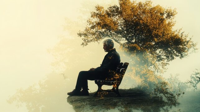 Serene Senior Man Relaxing on Bench in Nature - Double Exposure Silhouette with Tree, Tranquil Earthy Tones, Copy Space