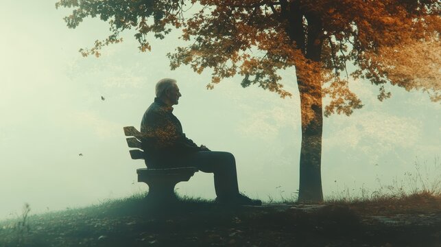 Tranquil Senior Man Enjoying Nature - Double Exposure Silhouette with Earthy Tones.