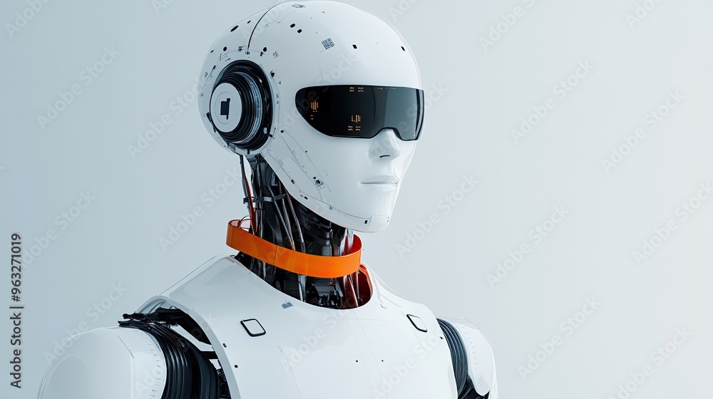 Poster a futuristic robot with a sleek design and advanced features, symbolizing technology and innovation 