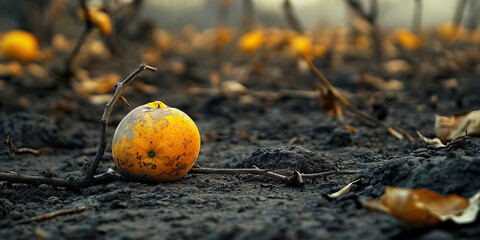 Bitter Bite: A barren orchard, its fallen fruit rotting on the ground, the tangy scent of decay permeating the air.