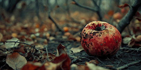 Bitter Bite: A barren orchard, its fallen fruit rotting on the ground, the tangy scent of decay permeating the air.
