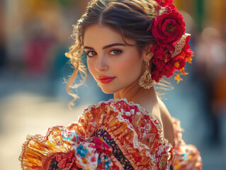 Hermosa bailarina de flamenco española con un vestido tradicional.