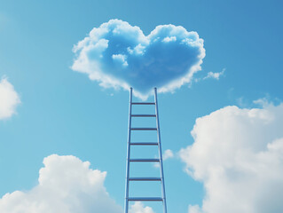 Creative concept of a ladder leading to a heart-shaped cloud in the sky, symbolizing love, dreams, and aspirations in a surreal and whimsical scene