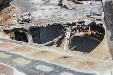 Crashed warplane, Ukrainian fighter jet remains. Texture of the remains of a crashed fighter plane Russian-Ukrainian war. Details of the plane crash