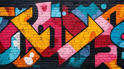 Fototapeta premium Vibrant geometric graffiti transforms a brick wall into a burst of urban creativity.