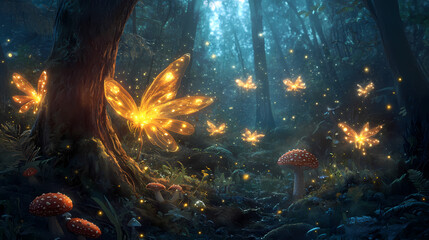 Fairy fantasy enchanted forest magical glowing ethereal whimsical fairies fireflies mushrooms nature woodland fairytale wonder imagination illustration. Fairy. Illustration