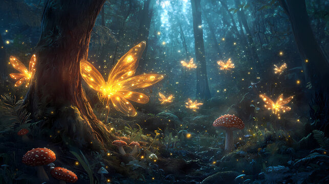Fairy fantasy enchanted forest magical glowing ethereal whimsical fairies fireflies mushrooms nature woodland fairytale wonder imagination illustration. Fairy. Illustration