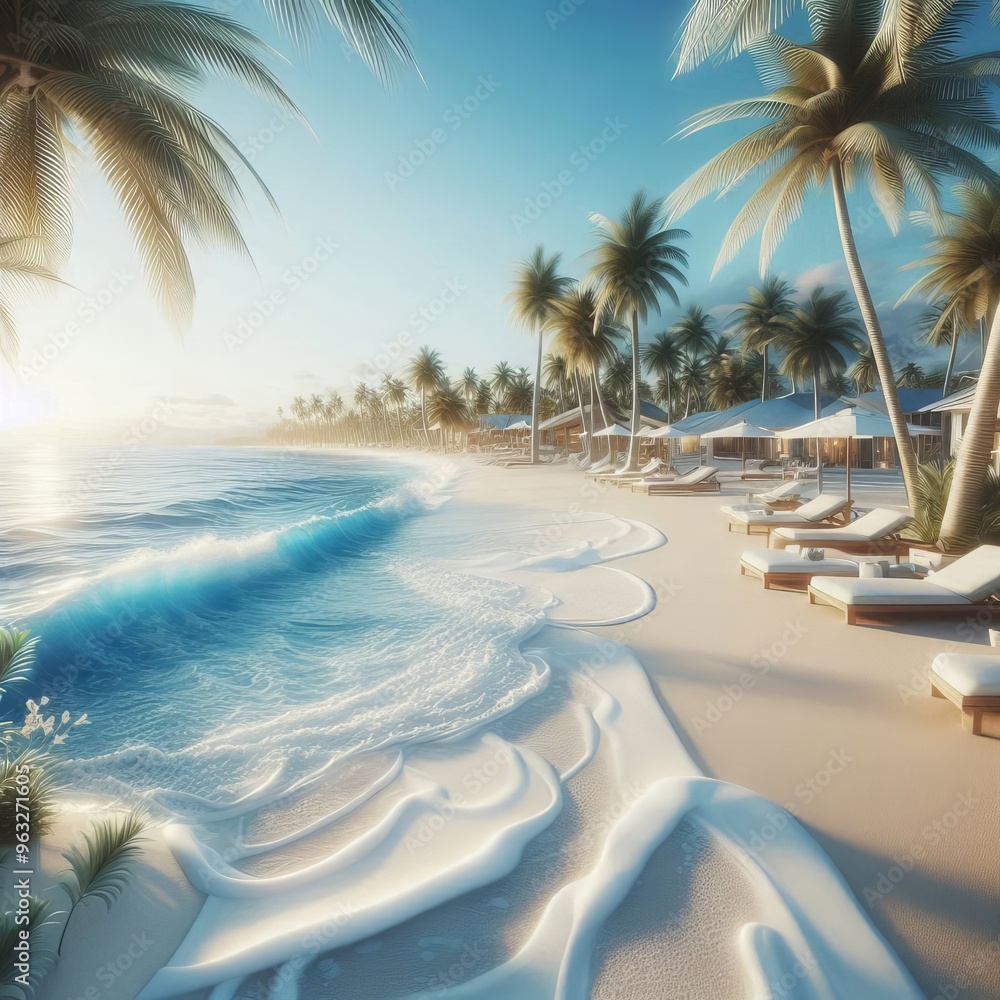 Poster a serene and inviting digital scene of a tropical beach, complete with swaying palm trees, soft sand