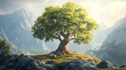 Fantasy a giant green tree on the mountain, digital art painting. 3d illustration. Giant. Illustration