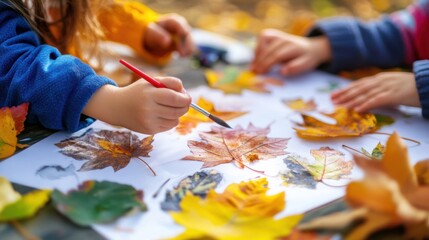Children decorating pumpkins and leafs at a fall festival