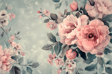 A vintage floral design with pink roses and delicate white blossoms against a soft blue background.