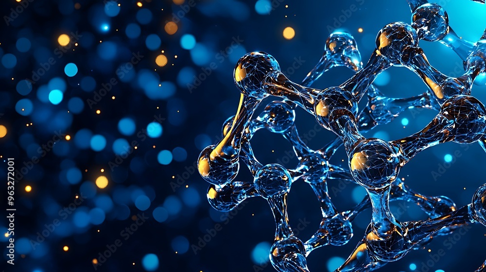 Poster an abstract 3d molecular structure glows against a bokeh background, blending science with artistry.