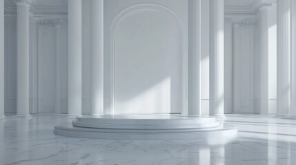 A sleek, futuristic matte white product platform in the middle of a minimalist luxury room with high white walls and subtle architectural elements that frame the product perfect