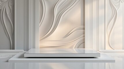 A sleek, polished white display platform positioned in front of textured luxury white walls with elegant, flowing designs and soft, gradient lighting.