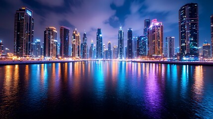 Naklejka premium Dubai�s skyline shines with modern architecture, beautifully mirrored in the night waters.