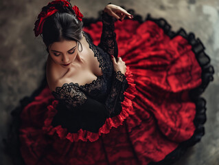 Atractiva bailarina de flamenco española con un vestido tradicional de colores negro y rojo.